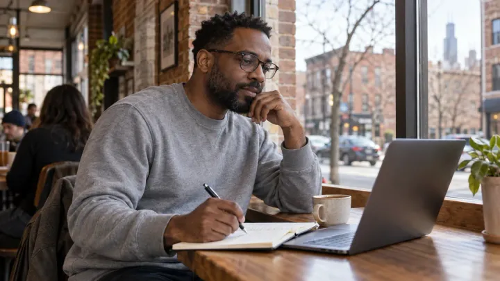 An adult comparing information on a laptop and taking notes at a café