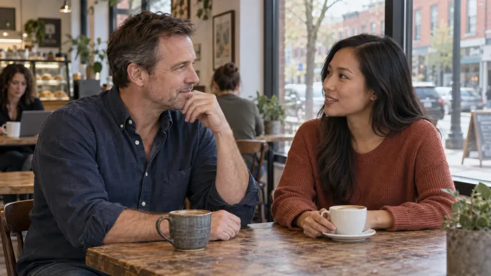 Two adults talking over coffee beside a neighborhood café window