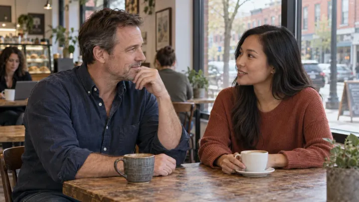 Two adults talking over coffee beside a neighborhood café window