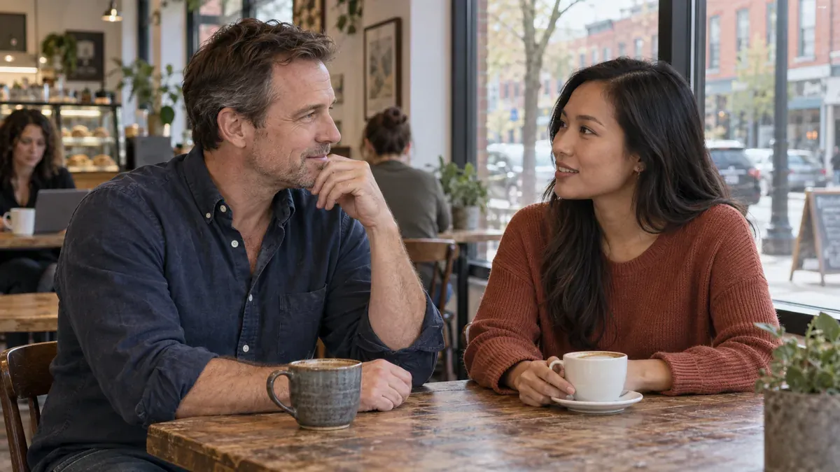 A man and woman talking over coffee in a neighborhood cafe.