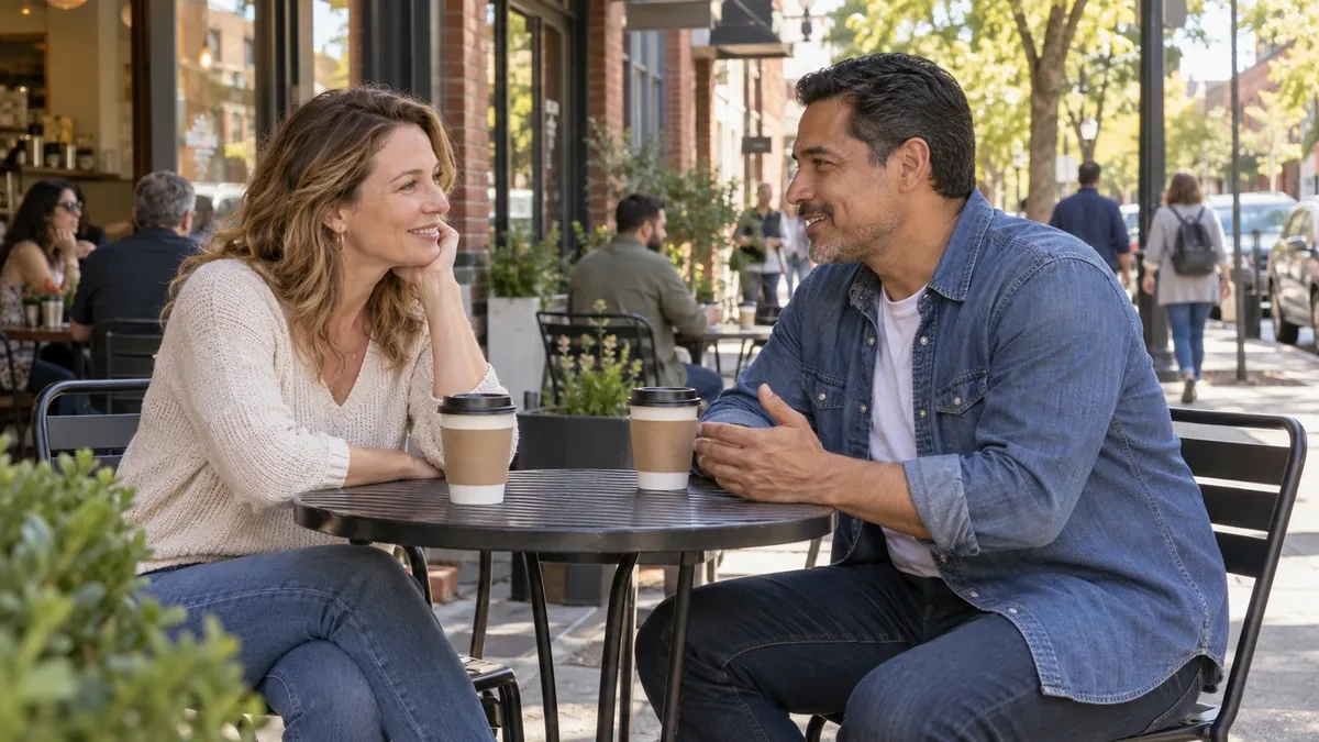Two adults chatting at an outdoor café table on a tree-lined street