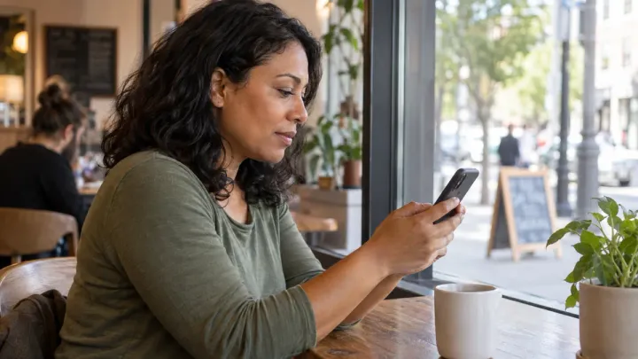 An adult checking her phone at a neighborhood café
