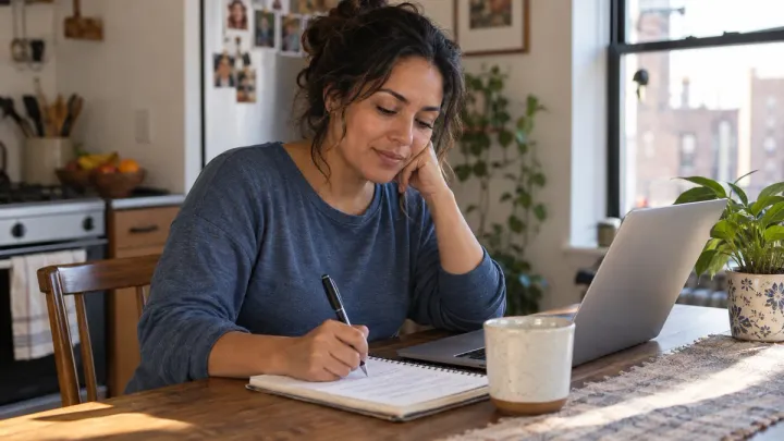 An adult drafting an introduction in a notebook beside her laptop